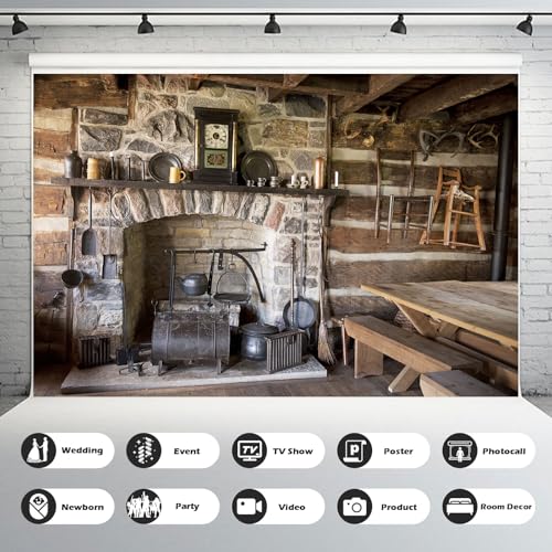 Rustic Kitchen Backdrop Western Old Wooden House Interior Kitchen Background Rural Farmhouse Fireplace Cooking Utensils Background Old Pioneer Log Home Farmers Backdrop Portrait Photo Props 5x4ft - size: 5x4ft