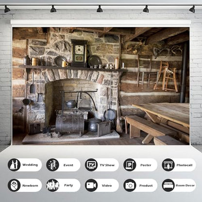 Rustic Kitchen Backdrop Western Old Wooden House Interior Kitchen Background Rural Farmhouse Fireplace Cooking Utensils Background Old Pioneer Log Home Farmers Backdrop Portrait Photo Props 7x5ft - size: 7x5ft