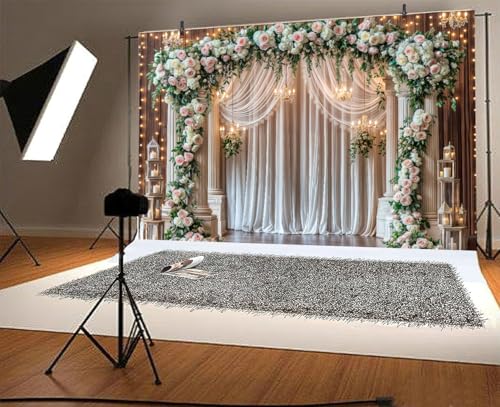 5 x 3 ft Wedding Wooden Backdrop Glitter White Curtain Rose Floral Wall Door Photography Backdrops Western Vintage Wedding Anniversary Banner Birthday Baby Showers Photo Shoot Decor Props Decoration - color: Multi3, size: 5x3ft