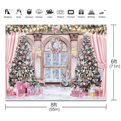Christmas Backdrop for Photography 8x6ft Christmas Window Snowy Winter Scenery Photography Background Pink Curtain Snowy Forest Outside The Window Family Photo Shoot Booth Props - size: 8x6ft