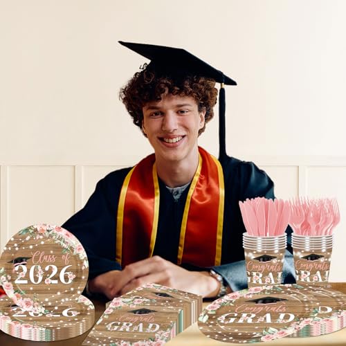 Class of 2026 Graduation Party Supplies,144Pcs Pink Floral Graduation Party Plates and Napkins Class of 2026 Congrats Grad Tableware Decorations for High School College Party Serve 24