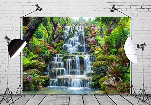 BELECO 10x10ft Fabric Garden Waterfall Backdrop Mountain Rocks Flowing Water Lake River Green Forest Trees Nature Background Home Wall Decor Photo Booth Shoot Studio Props - size: 10x10FT