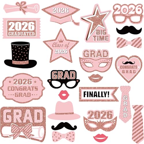 Blulu 24 Pieces 2026 Graduation Party Photo Booth Props Kit, Funny Graduation Party Selfie Props, Selfie Photo Frame for High School and College Grad Favors Supplies(Pink) - color: Pink