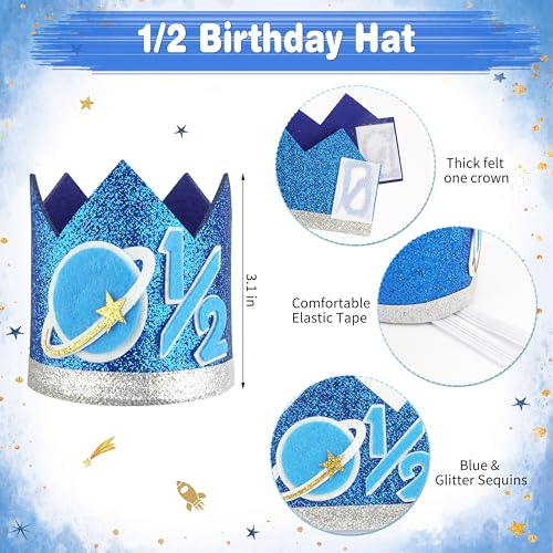 1/2 Birthday Half Trip Around the Sun Half Birthday Decorations - Banner Glitter Cake Topper Tassel Wood Bead High Chair Banner & Crown, Hat Halfway to One Baby Boy Girl Party Supplies - color: Planet Blue