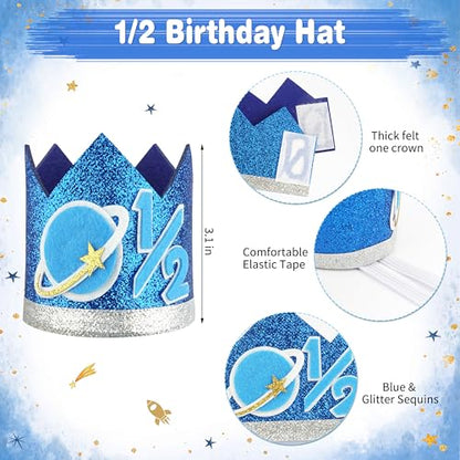 1/2 Birthday Half Trip Around the Sun Half Birthday Decorations - Banner Glitter Cake Topper Tassel Wood Bead High Chair Banner & Crown, Hat Halfway to One Baby Boy Girl Party Supplies - color: Planet Blue