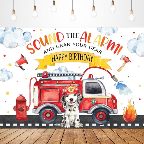 Glawry Firetruck Happy Birthday Backdrop for Photography 7Wx5H Feet Cute Dog Firemen Kids Boys Firefighter Birthday Party Banner Decorations Red Yellow Sound The Alarm Photoshoot Photo Booth Studio - color: Firetruck Dog Happy Birthday, size: 7Wx5H