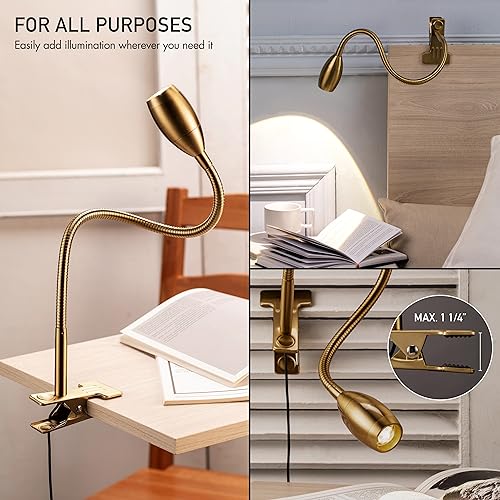 O'Bright Lumos - Versatile Clip-on Lamp: Zoomable Spotlight, Dimmable LED, Flexible Gooseneck, 4000K Light, 100% Metal Clamp - Ideal for Reading, Crafting, Work, and Headboards, Antique Brass - color: Antique Brass