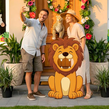 Capoda Jungle Safari Face in a Hole Photo Booth Props Life Size Safari Animal Stand Up Cardboard Cutout Jungle Photography Decor for Zoo Animal Lion Giraffe Theme Birthday Supplies(Lion) - style: Lion