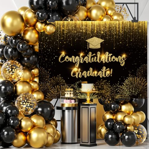 AIBIIN 7x5ft Congratulation Graduate Backdrop Congrats Class of 2026 Graduation Photography Background Black Gold Bokeh Gliter Fierworks Congrats Grad Party Decorations Banner Photo Studio Props - color: Black Gold, size: 7x5ft