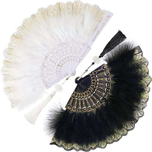 Namalu 2 Pieces Feather Hand Fan Embroidered Flower Marabou 1920s Feather Fan Hand Folding Drag Queen for 20s Women Costume Party Dancing Photoshoot Wedding Decor(White, Black) - color: White, Black