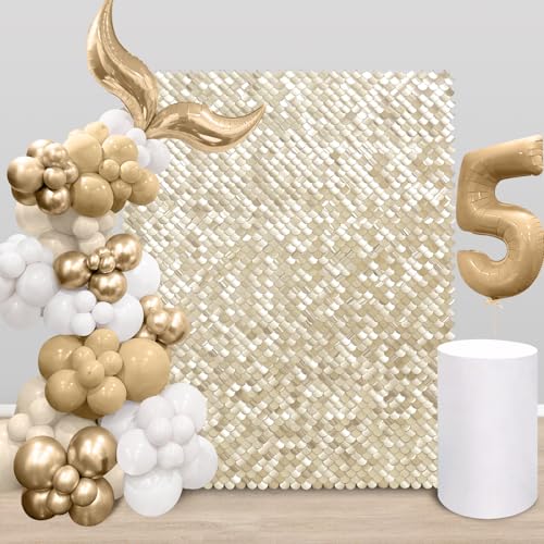 Light Gold Shimmer Wall Backdrop - 24 Panels Sequin Disco Backdrop for Birthday, Wedding, Engagement & Mermaid Wall Decoration - color: Light Gold, size: 6ftx4ft