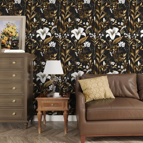 Laatse Black Gold Wallpaper Peel and Stick, Dark White Floral Vintage Contact Paper 17.5" x 197", Golden Botanical Wall Paper Self Adhesive Removable Waterproof for Bedroom Shelf Drawer Table Decor - color: Gold with White, size: 197" x 17.5"