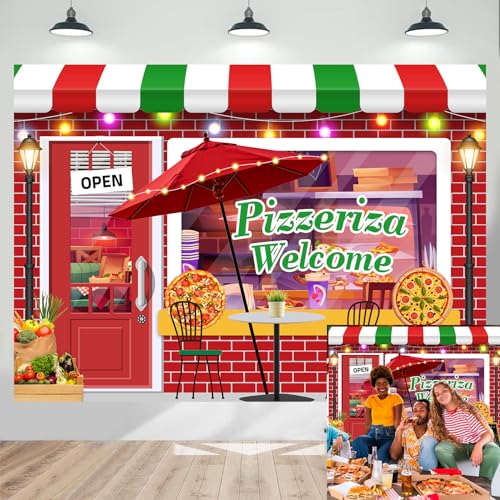 8x6ft Pizza Shop Backdrop Food Vintage Pizzeria Photography Background Pizza Party Decorations for Birthday Newborn Baby Shower Pizzeria Shop Photo Booth Props - size: 8x6ft