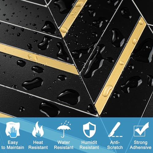 Peel and Stick Backsplash Tile, Black Marble Herringbone with Gold Metal Look, 10 Sheets Self Adhesive PVC Wall Tile, Waterproof & Heat Resistant for Kitchen, Bathroom, RV, Fireplace - color: Black Mixed Gold Metal