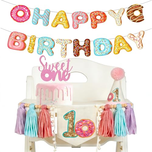 Donut 1st Birthday Decorations for Girls- donut highchair banner 1st birthday girl donut banner,donut cake topper first birthday high chair banner Sweet One Donut Grow Up Party Decorations - color: Donut