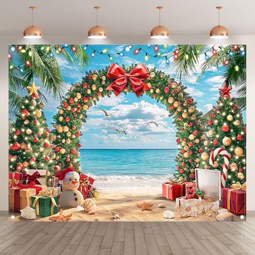 8x6ft Fabric Christmas Beach Backdrop Summer Xmas Tree Snowman Arch Seagull Tropical Hawaiian Photography Background Family Holiday Party Decor Photo Props - size: 8'x6'
