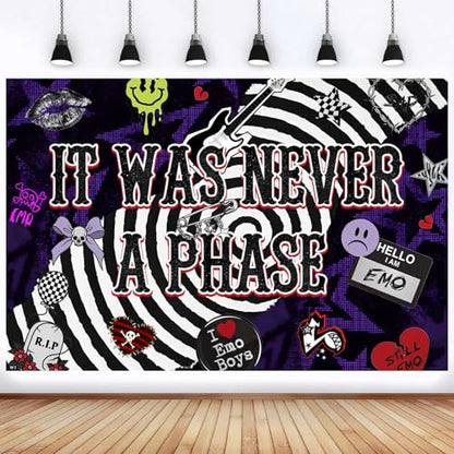 Emo Theme Birthday Party Backdrop 5x3FT, “It was Never A Phase” Banner, Goth Punk Rock Grunge Aesthetic Background Photo Props Wall Decorations for Sad Girl Teen Adult