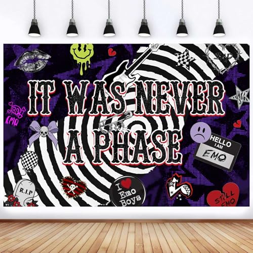 Emo Theme Birthday Party Backdrop 5x3FT, “It was Never A Phase” Banner, Goth Punk Rock Grunge Aesthetic Background Photo Props Wall Decorations for Sad Girl Teen Adult