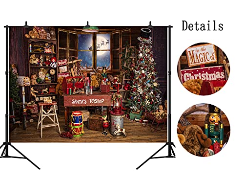 Christmas Santa's Toy Shop Photography Backdrop for Party Christmas Tree Gift Snow Window Wood Shed Store Background Family Portrait Seamless Vinyl Photo Props Banner Supplies PGT660A 7x5ft - size: 7'X5'