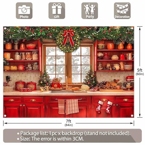 Fabric 7x5ft Christmas Kitchen Photography Backdrop Cabinets Window Winter Snow Scene Background Xmas Family Party Decoration New Year Photo Banner Props - size: 7'x5'