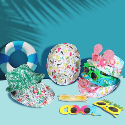 NICOWARM 6pcs Luau Fedora Hats, 6pcs Luau Party Sunglasses for Adults, with Luau Patterned includeing Flamingo, Pineapple, Photo Booth Props for Summer, Beach, Luau, Pool, Hawaiian Themed Parties