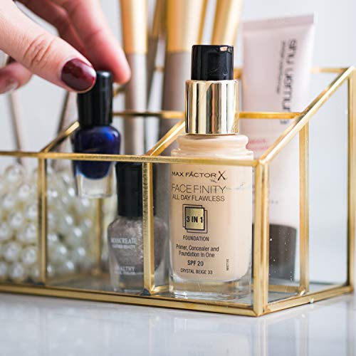 Golden Vintage Glass Box Clear Glass & Brass Metal Storage Jewelry and Cosmetic Makeup Brush Lipstick Holder Organizer Beauty Display with 5 Compartment
