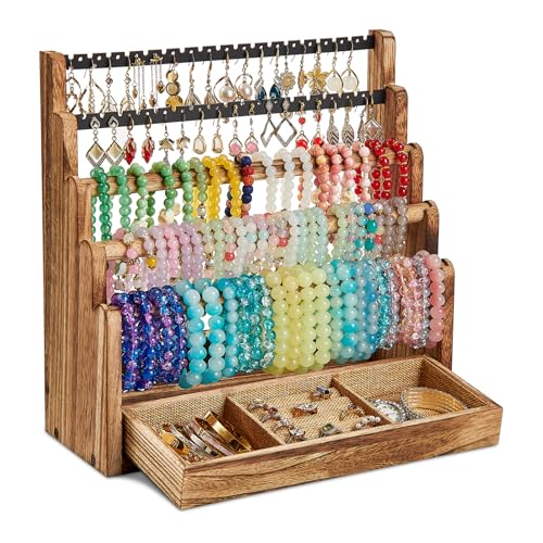 Pinzoveco Bracelet Holder, 3 Tier Rustic Bracelet Holder Display with 2 Tier Earring Organizer, 5 Tier Wooden Jewelry Display for Vendors, Home and Store