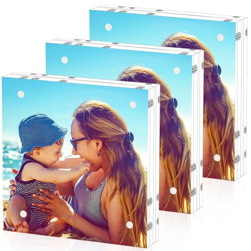 HELPLEX Acrylic Frame, 3 Pack 5x5 Acrylic Picture Frames, 20mm Thicker Frameless Clear Frame Double Sided Magnetic Frame, Free Standing Desktop Display - size: 5x5(3 Pack)
