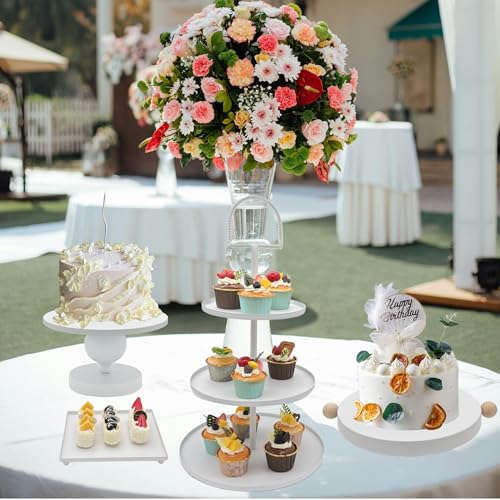 Set of 7 White Cake Stands Metal Dessert Display Holder Round 3 Tier Cupcake Stand Serving Tray Platter Cake Pedestal Stand for Party Weddings Birthday Baby Showers Anniversary - color: White
