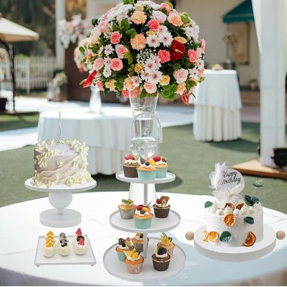 Set of 7 White Cake Stands Metal Dessert Display Holder Round 3 Tier Cupcake Stand Serving Tray Platter Cake Pedestal Stand for Party Weddings Birthday Baby Showers Anniversary - color: White