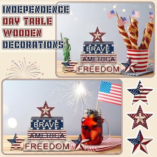 Geelin 6 Pieces Memorial Day Table Decorations Patriotic Wooden Block Signs 4th of July Centerpieces Freedom Brave Red White Blue Tiered Tray Decor for Home 250th Anniversary - style: Star