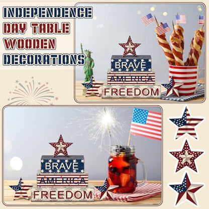 Geelin 6 Pieces Memorial Day Table Decorations Patriotic Wooden Block Signs 4th of July Centerpieces Freedom Brave Red White Blue Tiered Tray Decor for Home 250th Anniversary - style: Star