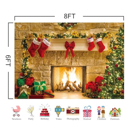 8x6ft Christmas Fireplace Theme Backdrop for Photography Tree Sock Decorations for Xmas Party Supplies Photo Background Pictures Banner Studio Decor Booth Props - size: 8ft by 6ft