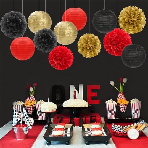 Red-Black Gold Party-Decorations Paper Flowers Lanterns - 15PCS Casino Theme Halloween Tissue Pom Poms Streamers,Game Night Women Men Birthday Wedding Bachelorette Hanging Supplies Decor Hugfond - color: Red Black Gold