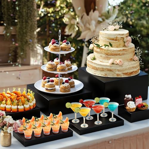 10 Pcs Large Acrylic Buffet Risers, Black Food Display Stands for Buffet, Dessert Table, Jewelry, and Catering, Stackable Food Risers with Hollow Bottoms, Nesting Cube Box (12"-11"-10"-9"-8"-7"-6"-5")