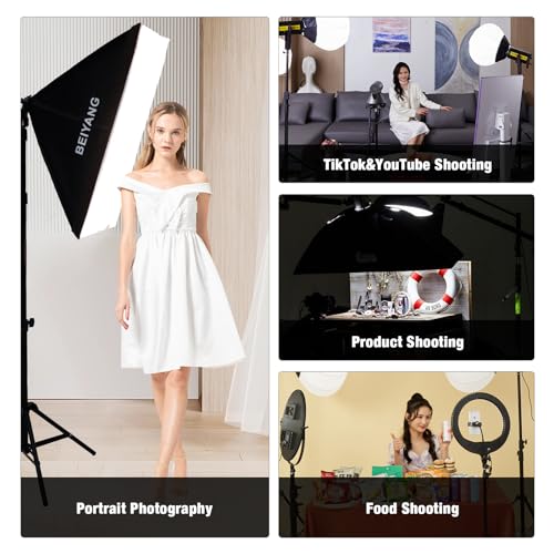 BEIYANG Softbox Lighting Kit, 2x20''x28'' Photography Soft Box with 2 pcs 85W 6000K E27 LED Socket LED Bulbs, Studio Lights for Photography/Video Recording/Live Streaming