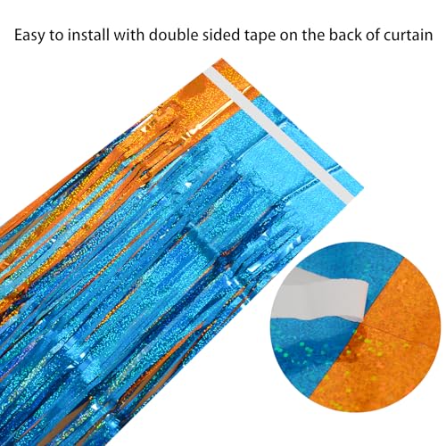 Melsan Heavy Duty Tinsel Fringe Curtain, 3 Pack 3.2 x 8.2 ft Extra Long Thicker Blue & Orange Streamers, Includes Adhesive + 3 Extra 3.1 Ft Tapes, Blue Dog Themed Birthday Backdrop & Photo Booth Prop - color: Blue and Orange