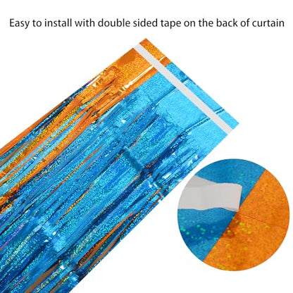 Melsan Heavy Duty Tinsel Fringe Curtain, 3 Pack 3.2 x 8.2 ft Extra Long Thicker Blue & Orange Streamers, Includes Adhesive + 3 Extra 3.1 Ft Tapes, Blue Dog Themed Birthday Backdrop & Photo Booth Prop - color: Blue and Orange
