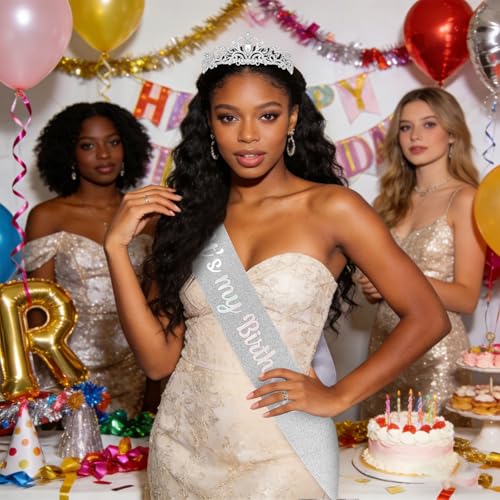 YISSION Silver Rhinestone Birthday Tiara and Sash Set, "It's my Birthday" Glitter Sash with Crystal Crown for Women, Birthday Party Decorations, Photo Props & Milestone Celebration Gifts - color: Silver