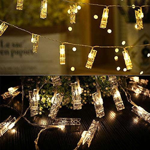 Photo Clips String Lights, 9.8Ft 20 LED Fairy Lights with Clips Battery Operated Warm White for Pictures Dorm Bedroom Wall Halloween Thanksgiving Christmas Party Wedding Décor