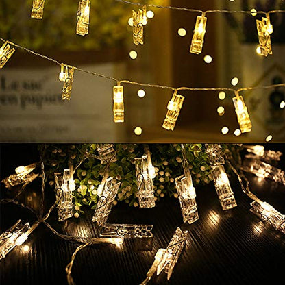 Photo Clips String Lights, 9.8Ft 20 LED Fairy Lights with Clips Battery Operated Warm White for Pictures Dorm Bedroom Wall Halloween Thanksgiving Christmas Party Wedding Décor