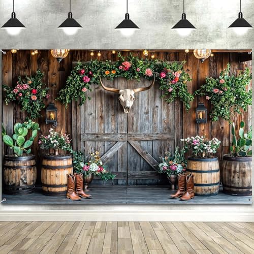 Wathon Western Cowboy Backdrop for Photography Southwest Country Ranch Photo Backdrop Retro Rustic Barn Door with Cactus Floral Texas Photo Background Booth Video Studio Props 7X5FT - color: Floral Bull Skull, size: 7X5FT