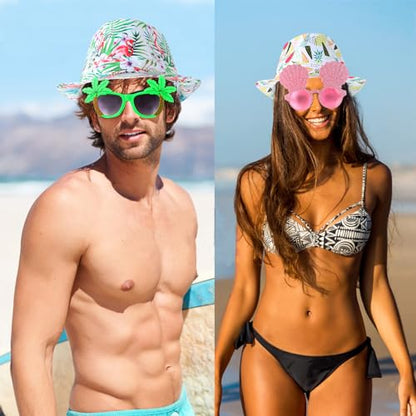 NICOWARM 6pcs Luau Fedora Hats, 6pcs Luau Party Sunglasses for Adults, with Luau Patterned includeing Flamingo, Pineapple, Photo Booth Props for Summer, Beach, Luau, Pool, Hawaiian Themed Parties