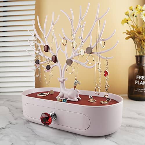 MORE&LESS Red Artificial Leather and Red Crystal Handle Deer Jewelry Display Rack for Ring Earrings Necklace Bracelet - color: D Red PU