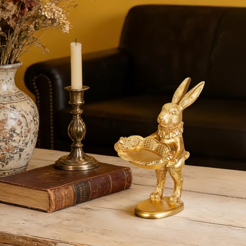 Garneck Gold Bunny Statue Decor: Retro Rabbit Figurine with Oval Plate Jewelry Trinket Dish Ring Tray for Earrings Necklace Bracelet Keys Desktop Nightstand Easter Home