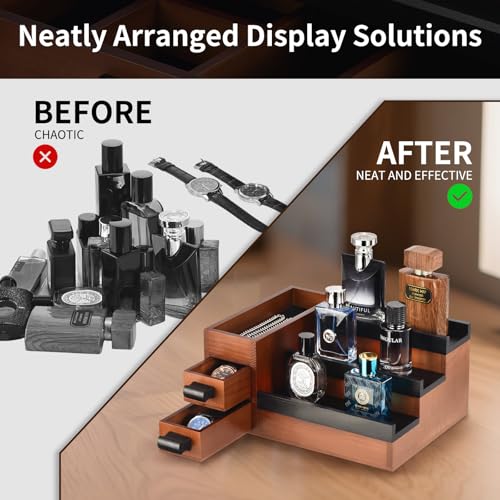 Perfume Stand Organizer for Men, 3 Tier Perfume Display Shelf with Velvet Lining Drawer and Hidden Compartment (Walnut Black - 2 Drawer) - style: 2 drawer - BlackWalnut