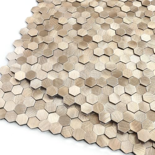 3D Metal Peel and Stick Backsplash for Kitchen,Mini Hexagon Tile Stickers Self Adhesive Wall Tiles Heat Resistant(8 Sheets,Champagne Gold) - color: Champagne Gold