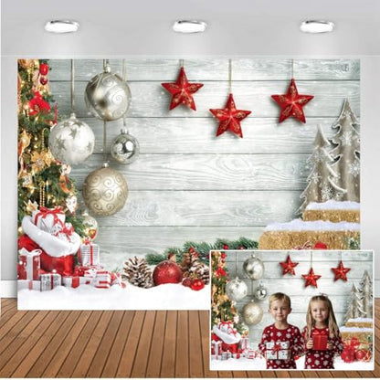 CHAIYA 12X10FT Christmas Backdrop White Wood Floor Photography Backdrop Winter Snow Christmas Balls Xmas Tree Gift Family Party Photo Background New Year Party Decoration CY194 - size: 12′x10′