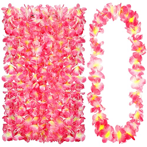 Hoteam 24 Counts Pink Hawaiian Leis Necklace Tropical Flower Lei Floral Luau Party Decorations Hawaiian Flower Luau Necklaces Hula Dance Garland Headbands for Beach Birthday Wedding Party Favors - color: Pink