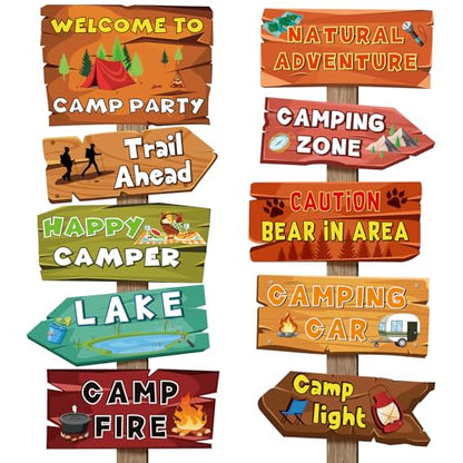Hooqict 20 Pieces Camping Themed Party Decorations Camping Party Directional Signs for Summer Camp Decor Welcome to Camp Birthday Party Supplies Classroom Wall Door Porch Yard Sign - style: Camping